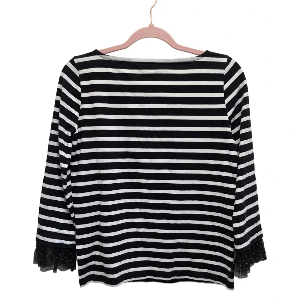 J Crew Womens XS Black White Breton Striped Boatneck Top Tulle Ruffle Cuff